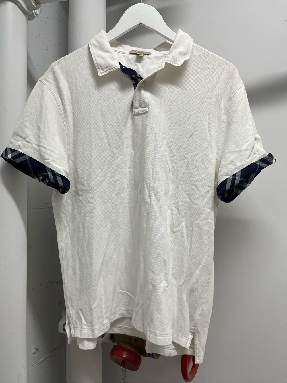 Burberry White Polo with Navy Check Trim